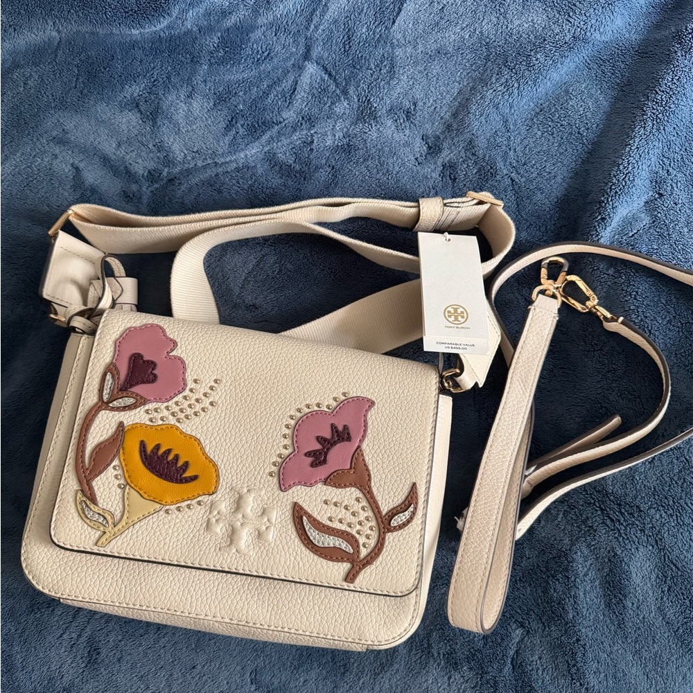 Tory Burch Cream and Pink Floral Thea Apliqué Flap Crossbody Ivory Bag